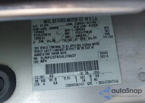 2004 Lincoln Navigator z USA, uszkodzony, nr VIN 5LMFU27R54LJ18637